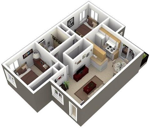 A 3D image of a house layout with a kitchen, living room, and two bedrooms.